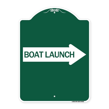 Signmission Boat Launch With Right Arrow, Green & White Aluminum Architectural Sign, 18" x 24", GW-1824-24405 A-DES-GW-1824-24405